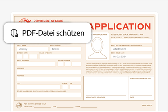 Bild einer Bewerbung. Das Tool „PDF-Datei schützen“ wird angezeigt.
