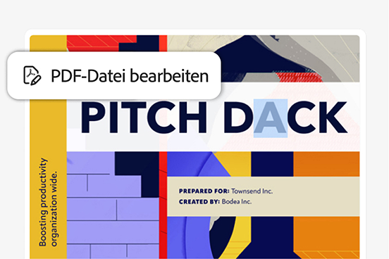Bild eines Pitchdeck-Dokuments mit Tippfehler im Titel. Das Tool „PDF bearbeiten“ wird angezeigt.