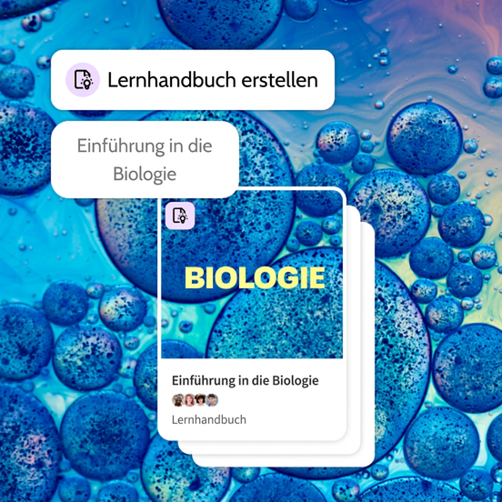 Zellen unter einem Mikroskop im Hintergrund. Prompt zur Erstellung eines Lernleitfadens für die Einführung in die Biologie und eine Vorschau des Lernleitfadens.