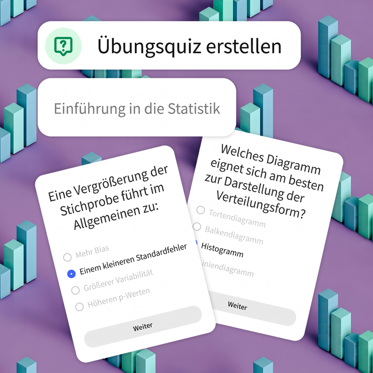 Ein Tool wird aufgefordert, ein Übungsquiz für einen Einführungskurs in Statistik zu erstellen. Blaue Balkendiagramme auf violettem Hintergrund repräsentieren das Thema der Beispielfragen oben.