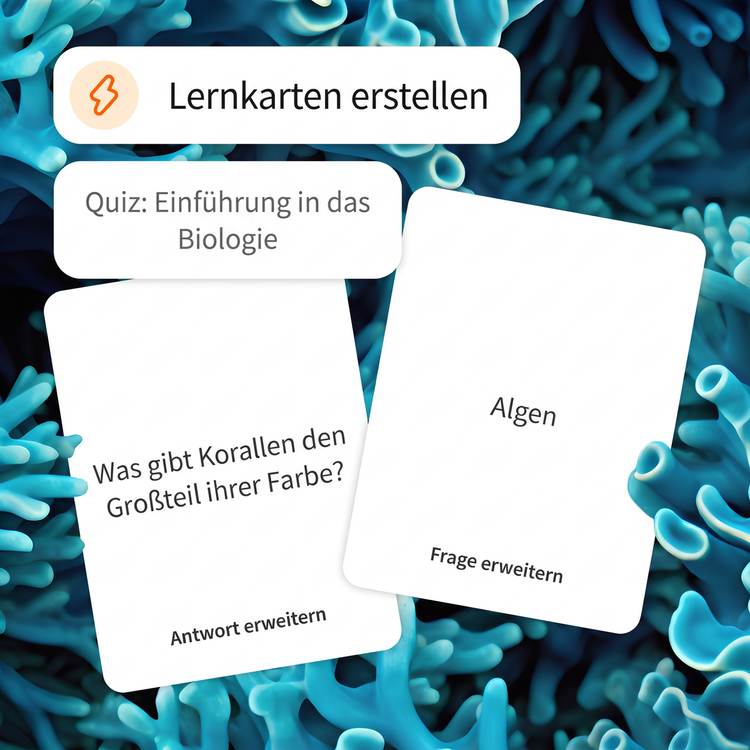 Ein Tool wird aufgefordert, Lernkarten für ein Quiz zur Einführung in die Biologie zu erstellen. Ein leuchtend blauer Korallenhintergrund verkörpert das Thema der Karte.