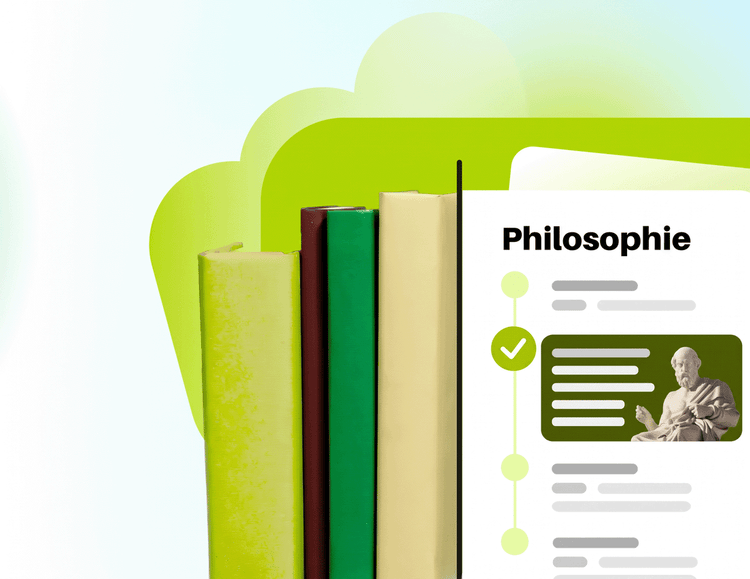 Grüne Illustration eines Philosophie-Lernleitfadens. Dahinter gestapelte Bücher.