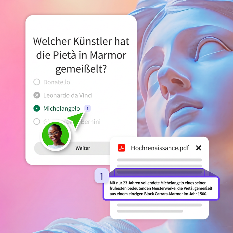 Eine Person in einer grünen Sprechblase wählt das Zitat neben der richtigen Antwort ihrer Quizfrage aus. Die Antwort wird durch eine Tatsache aus einer relevanten Ressourcen-PDF belegt.