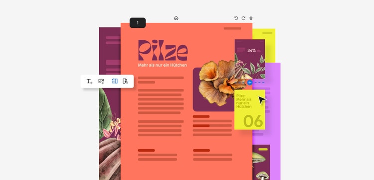 Beispiel-PDF mit dem Titel Pilze, mehr als nur ein Hütchen und einem Fenster rechts, das die Seite 06 anzeigt.
