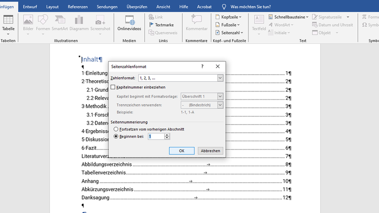 Screenshot von einem Word-Dokument mit dem Inhaltsverzeichnis einer Bachelorarbeit. In der Mitte ist das Fenster „Seitenzahlenformat“ geöffnet.
