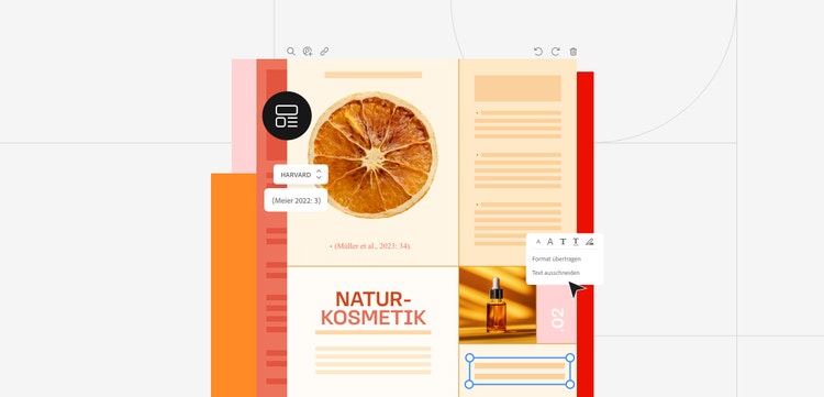 Illustration eines Textdokuments über Zitierstile mit den Adobe Acrobat Onlinetools.