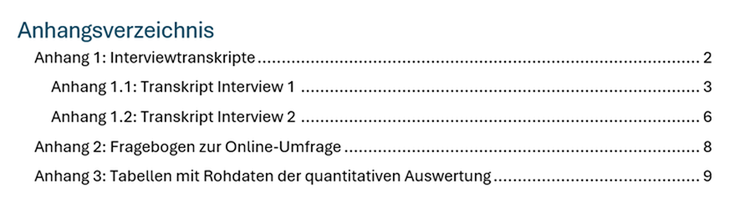 Beispiel für ein Anhangsverzeichnis in Word mit drei Arten von Anhängen: Interviewtranskripte, Fragebogen und Tabellen