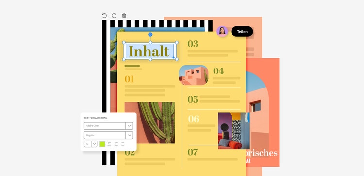 Beispiel-PDF mit dem Titel Inhalt, nummerierten Abschnitten und im Vordergrund ein Feld für die Textformatierung.