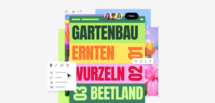 Beispiel-PDF einer Facharbeit mit dem Titel Gartenbau und drei Anhängen: Ernten, Wurzeln und Beetland. Im Vordergrund ist ein Fenster mit Tools zum Bearbeiten der PDF geöffnet.