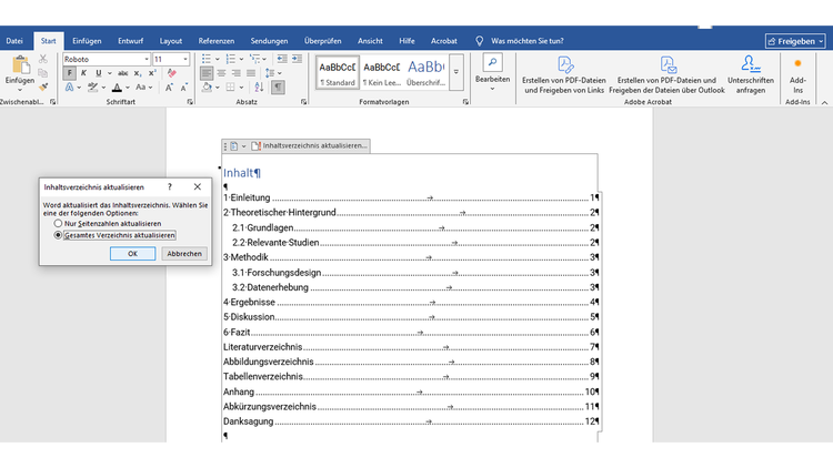 Screenshot vom Inhaltsverzeichnis einer Bachelorarbeit in Microsoft Word mit geöffnetem „Inhaltsverzeichnis aktualisieren“-Button.