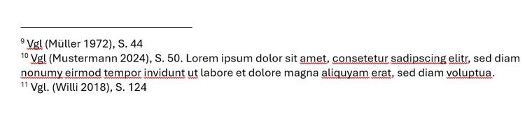 Beispiel von Fußnoten in Word, die nicht auf der gleichen Höhe beginnen