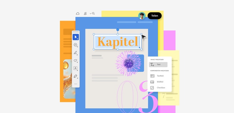 Beispiel-PDF mit dem Titel „Kapitel“ und der Illustration einer Pusteblume im Hintergrund. Das Wort Kapitel ist markiert mit der Maus.