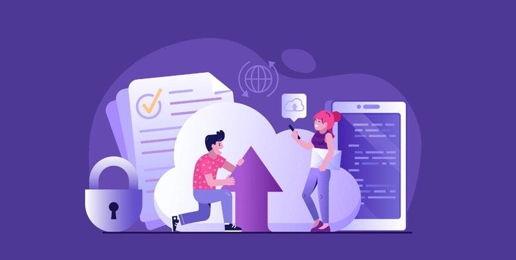 Illustration zweier Personen, die Daten sicher in eine Cloud hochladen.