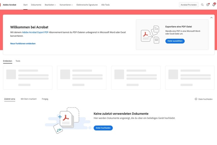 Screenshot: Adobe Acrobat-Startseite mit Upload-Option für Dateien.