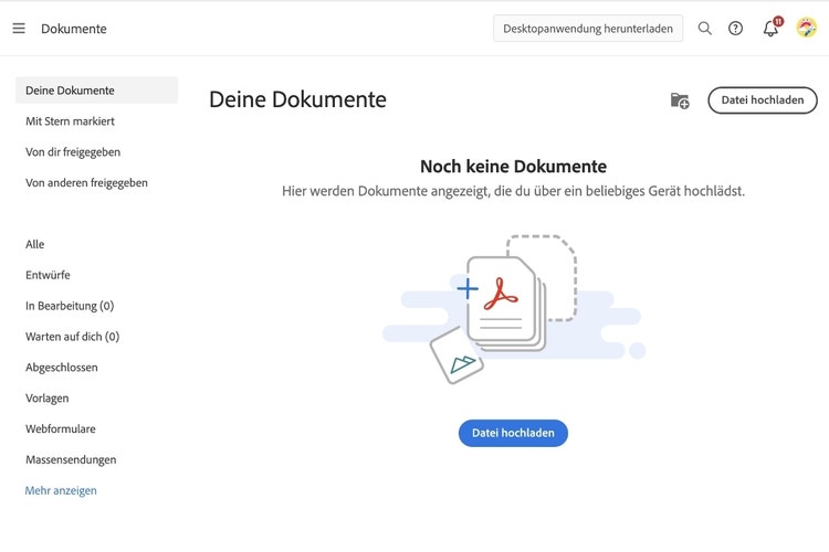 Screenshot: Adobe Acrobat-Bereich &quot;Deine Dokumente” mit Upload-Option für Dateien.