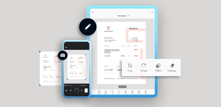 Illustration wie man ein Papierdokument mit der App Adobe Scan digitalisiert und bearbeiten kann.