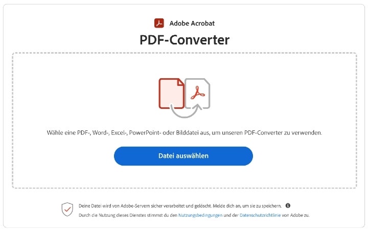 Screenshot Onlinetool von Acrobat zum Umwandeln von Datendateien in PDF.