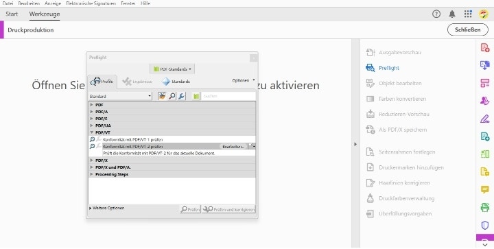 Screenshot aus Adobe Acrobat Pro und wie man einen Barrierefreiheitsbericht erstellt.