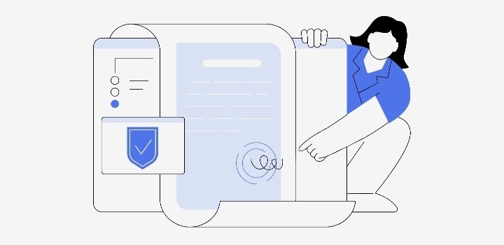 Illustration zeigt eine Person, die ein PDF-Dokument mit Sicherheitsmerkmalen ausstattet.