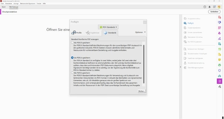 Screenshot aus Acrobat Pro zeigt Konvertierung in PDF/A über PDF-Standard.