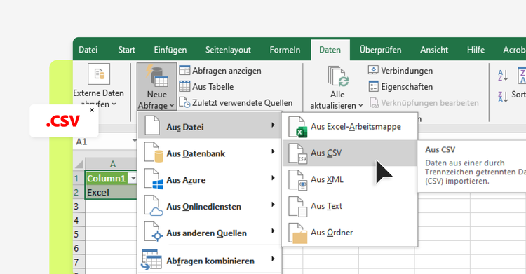 Screenshot in Excel beim Öffnen einer CSV-Datei.)