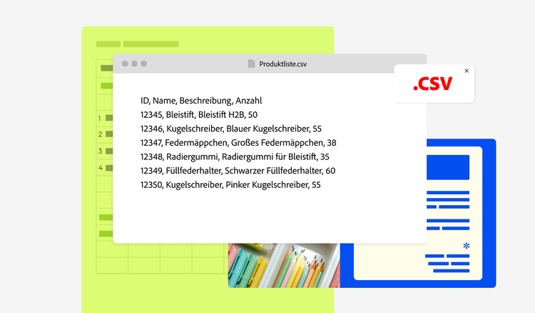 Bild von einer CSV-Datei mit einer Produktliste, die in einem Text-Editor geöffnet ist.
