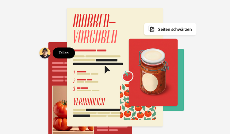 Digitales Dokument mit der Überschrift Markenvorgaben, vertraulichen Informationen und einem Bild von einem Glas mit Tomatensoße. Über dem Dokument ist das Acrobat-Tool zum Seiten schwärzen geöffnet.