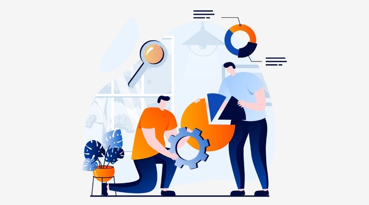 Illustration zweier Menschen, die zusammenarbeiten, um den Workflow im Team zu verbessern.