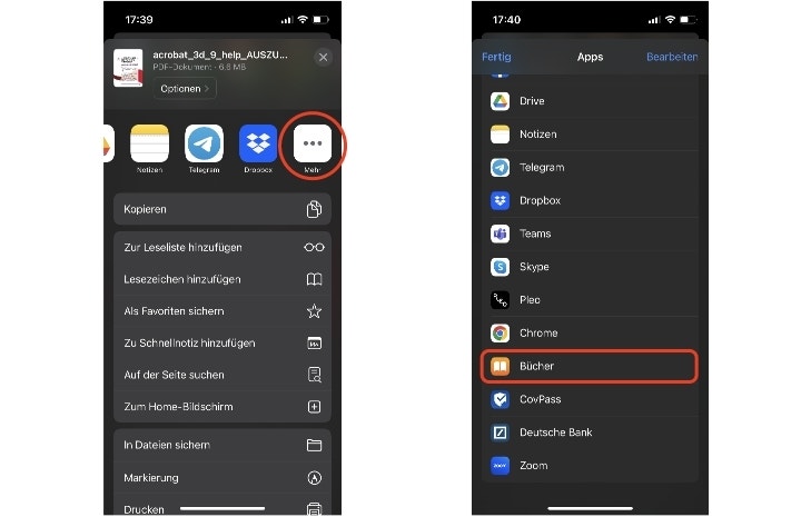 Screenshots zeigen die Menüleiste im Safari Browser mit dem Symbol für “Mehr” und einem Dropdown Menü.