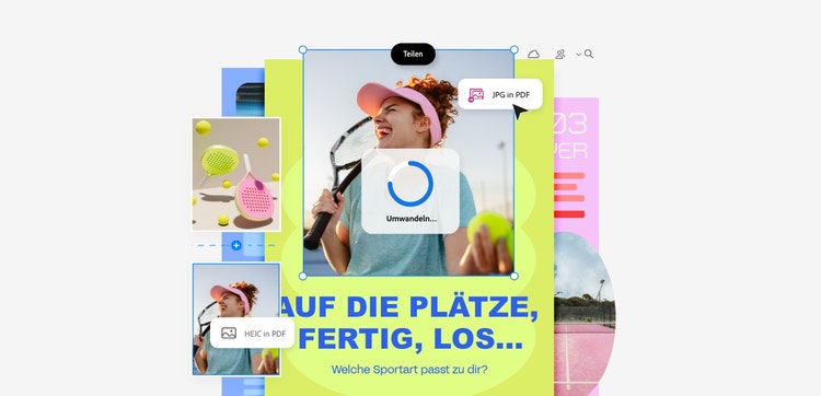 Bearbeitungsansicht mit mehreren Fotos alle zum Thema Tennis (eine Tennisspielerin, ein bunter Tennisschläger, ein Tennisplatz). Bild wird in PDF umgewandelt, ein Kreis zeigt den Fortschritt.