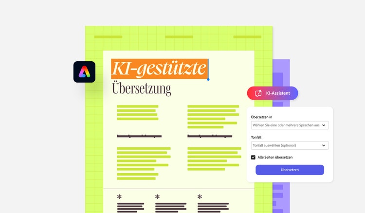 Geöffnetes PDF-Dokument mit dem Titel KI-gestützte Übersetzung und einem geöffneten Fenster für die Bearbeitung mit KI.