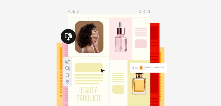 Ein PDF mit Fotos von Beauty-Produkten ist geöffnet. Die Maus hovert über dem Foto eines Parfüms und ein Tooltip zeigt an, dass es sich um einen Screenshot handelt.