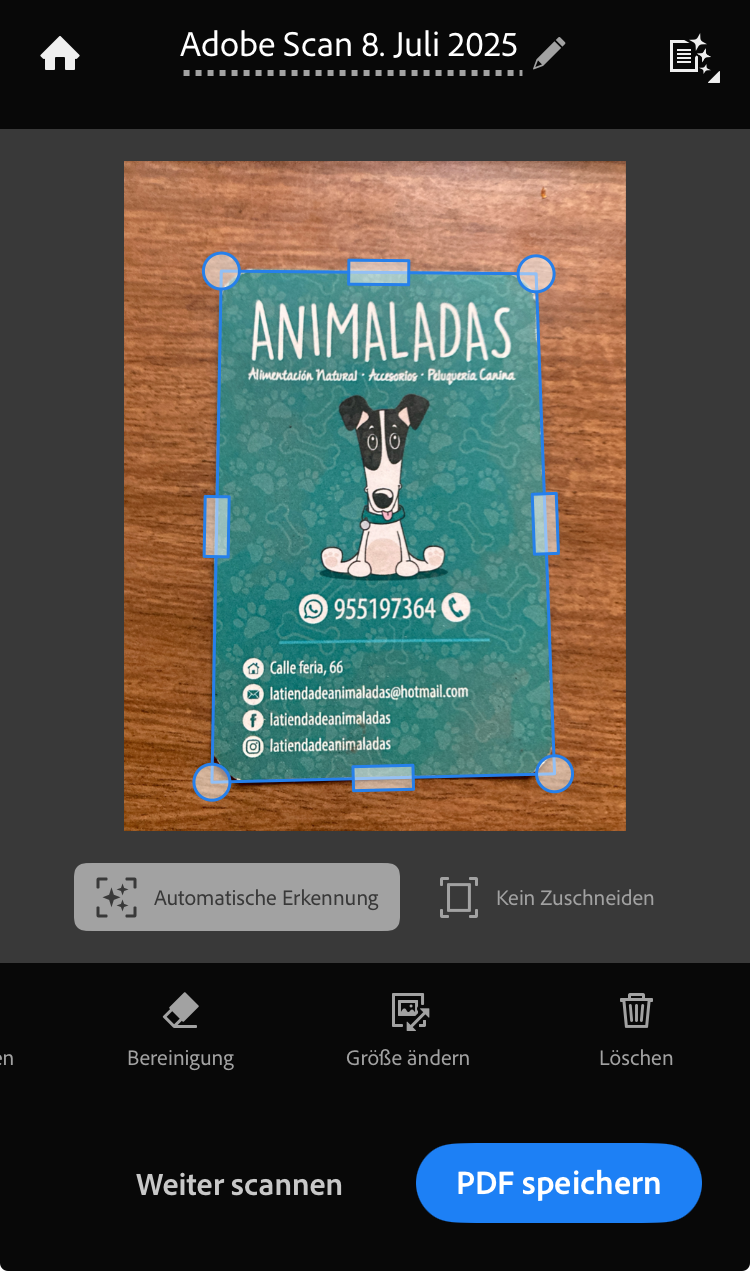 Gescannte Visitenkarte in der Adobe Scan App