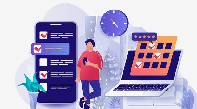 Illustration eines Mannes, der am Handy verschiedene Arbeitsabläufe koordiniert.