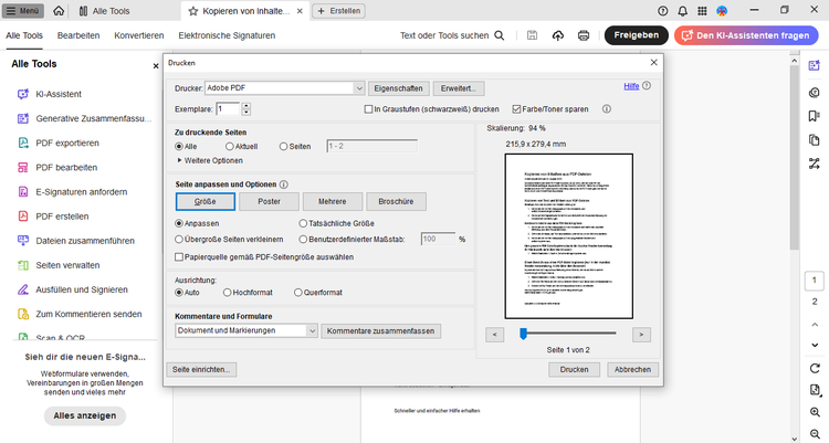 Bedienoberfläche von Adobe Acrobat mit geöffnetem „Drucken“-Fenster, das die Optionen für die Seitenanpassung enthält. Der Button „Größe“ und die Option „Anpassen“ sind angeklickt.