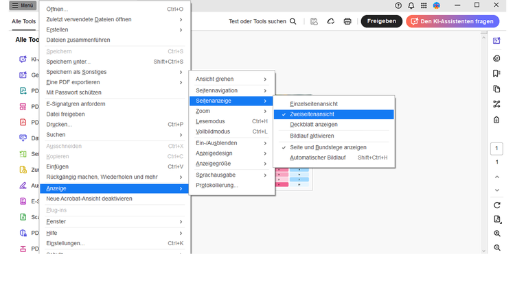 Screenshot der Navigation zur Zweiseitenansicht in Adobe Acrobat.