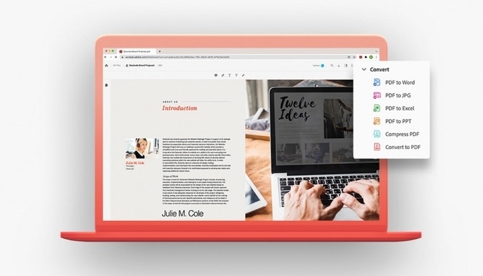 Mockup eines Laptops mit Chrome PDF-Viewer und darüber eingeblendetem Konvertierungsdialogfeld
