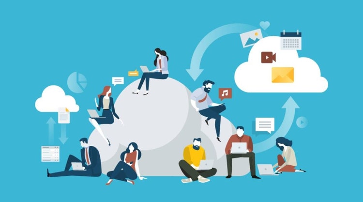 Illustration verschiedener Menschen, die an Laptops arbeiten.