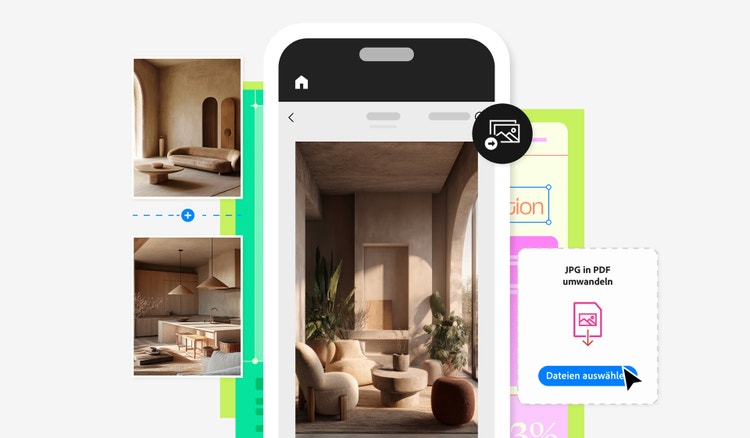 Grafische Darstellung mit einem iPhone, auf dem ein Foto geöffnet ist. Links daneben ist ein Fenster vom JPG-in-PDF-Konverter von Acrobat Onlinetools zu sehen.