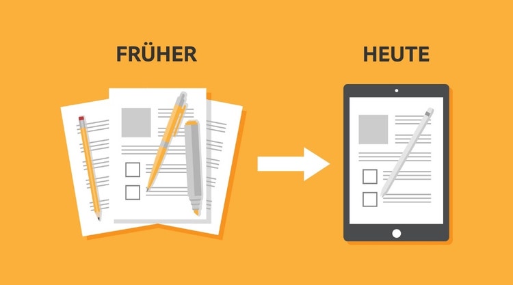 Verwaltung von mehreren Papierdokumenten im Vergleich mit moderner Verwaltung digitaler Dokumente auf einem Tablet.