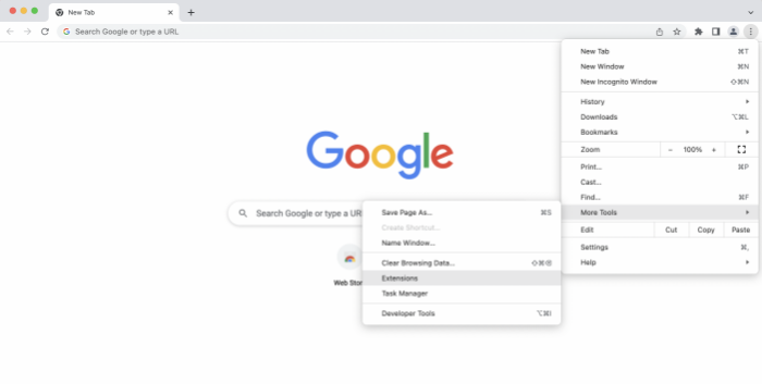 Option „Erweiterungen“ wird im Chrome-Menü angeklickt