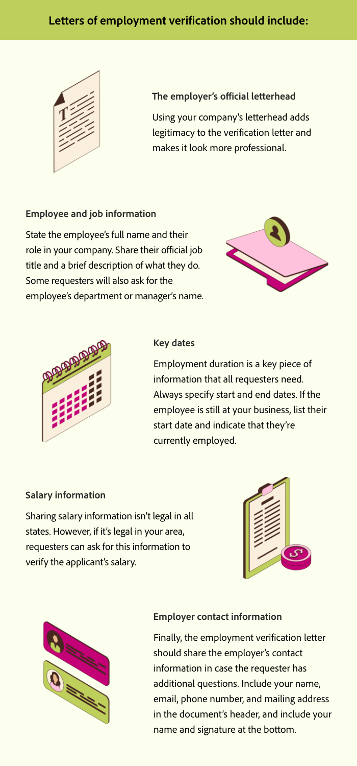 Eine Infografik zeigt, was eine Arbeitgeberbescheinigung enthalten sollte: den offiziellen Briefkopf des Unternehmens, Informationen zur Mitarbeiterin bzw. zum Mitarbeiter und der jeweiligen Stelle, wichtige Daten, Gehaltsangaben sowie Kontaktdaten des Unternehmens.