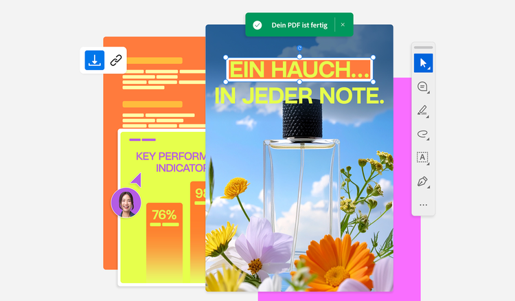 Verschiedene Bilder, Grafiken, Texte sind geöffnet. Eine Bearbeitungsleiste enthält Möglichkeiten zum Bearbeiten und Kommentieren der Inhalte. Eine Benachrichtigung teilt mit, dass das PDF fertig sei.