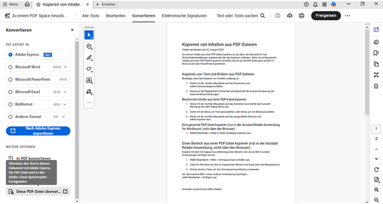 Das Dokument „Kopieren von Inhalten aus PDF-Dateien