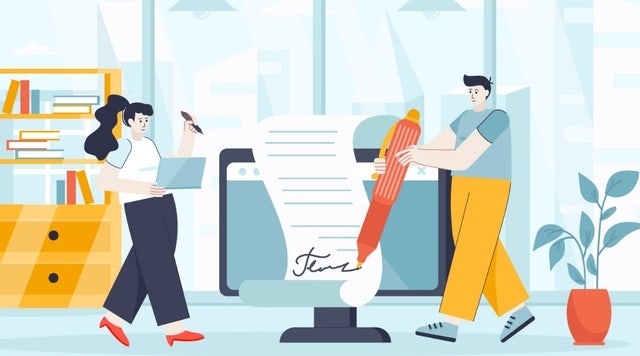 Illustration zweier Menschen, die im Büro an verschiedenen digitalen Dokumenten arbeiten.