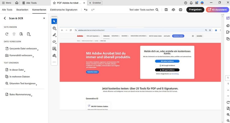 Screenshot von einer PDF, die im Scan & OCR-Tool von Acrobat geöffnet ist. Links befindet sich eine Menüleiste mit dem Feld „Text erkennen“ und der Option „In dieser Datei“