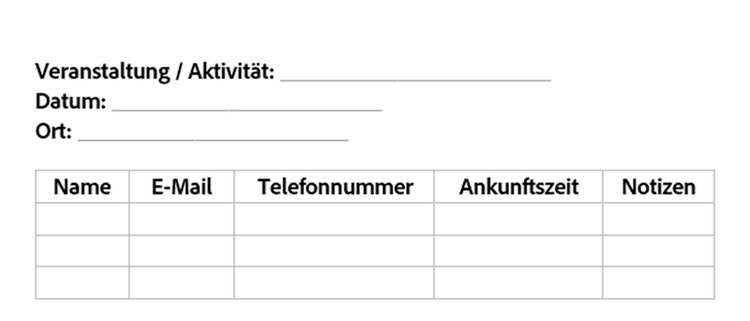 Ein einfaches Anmeldeformular für Veranstaltungen mit Feldern für den Namen der Aktivität, Datum und Ort sowie einer Tabelle zur Erfassung von Teilnehmerdaten wie Name, E-Mail, Telefonnummer, Ankunftszeit und Notizen.
