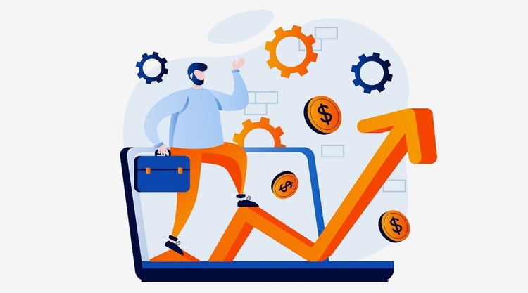 Illustration eines Mannes mit Laptop und Aktentasche, der durch Prozessmanagement finanziellen Gewinn macht.