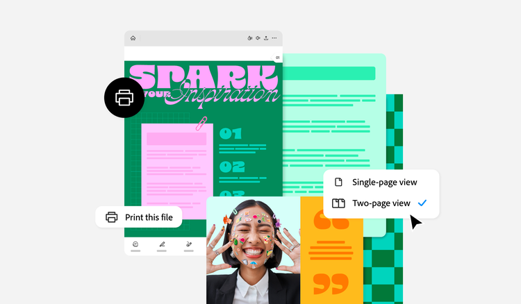 Grafische Darstellung von einem PDF-Dokument mit dem Titel „Spark your Inspiration“, das in Acrobat geöffnet ist. Links unten ist ein „Print this file-Button zu sehen. Rechts in der Mitte ein Fenster mit den Optionen „Single-page view“ und „Two-page-view“.