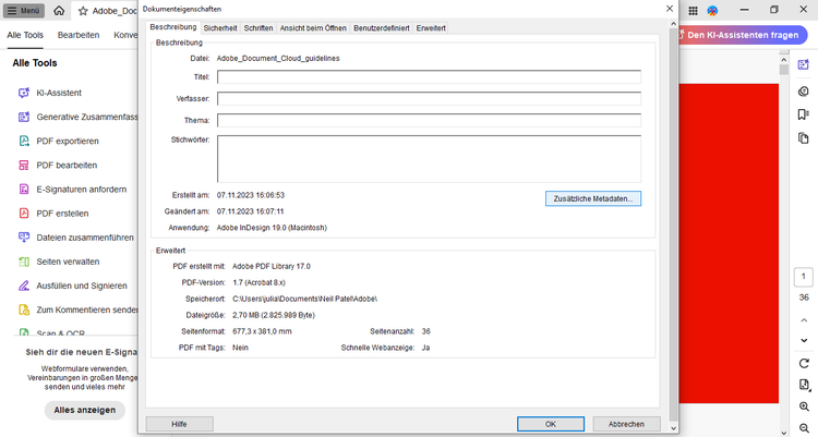 Bedienoberfläche von Acrobat Pro mit sichtbaren Menüleisten oben, links und rechts. Mittig ist das Fenster „Dokumenteigenschaften“ geöffnet, es zeigt die Beschreibung mit den Metadaten des im Hintergrund geöffneten PDF-Dokuments an.